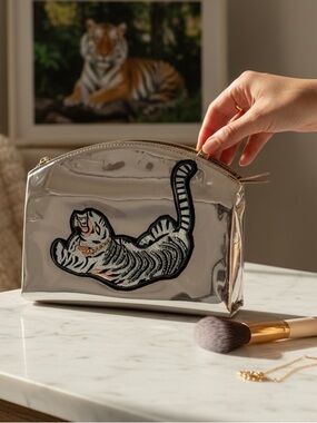 Silver Metallic Clutch with Embroidered Tiger Patch